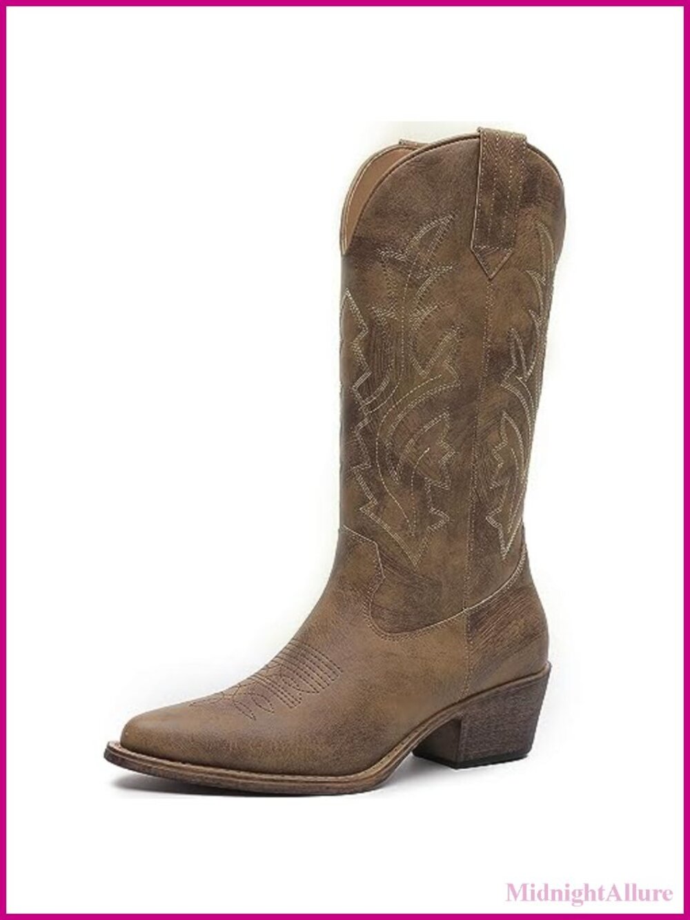 Mid-Calf Western Boots Faux Leather Pointed Toe Low Heel Side Zipper